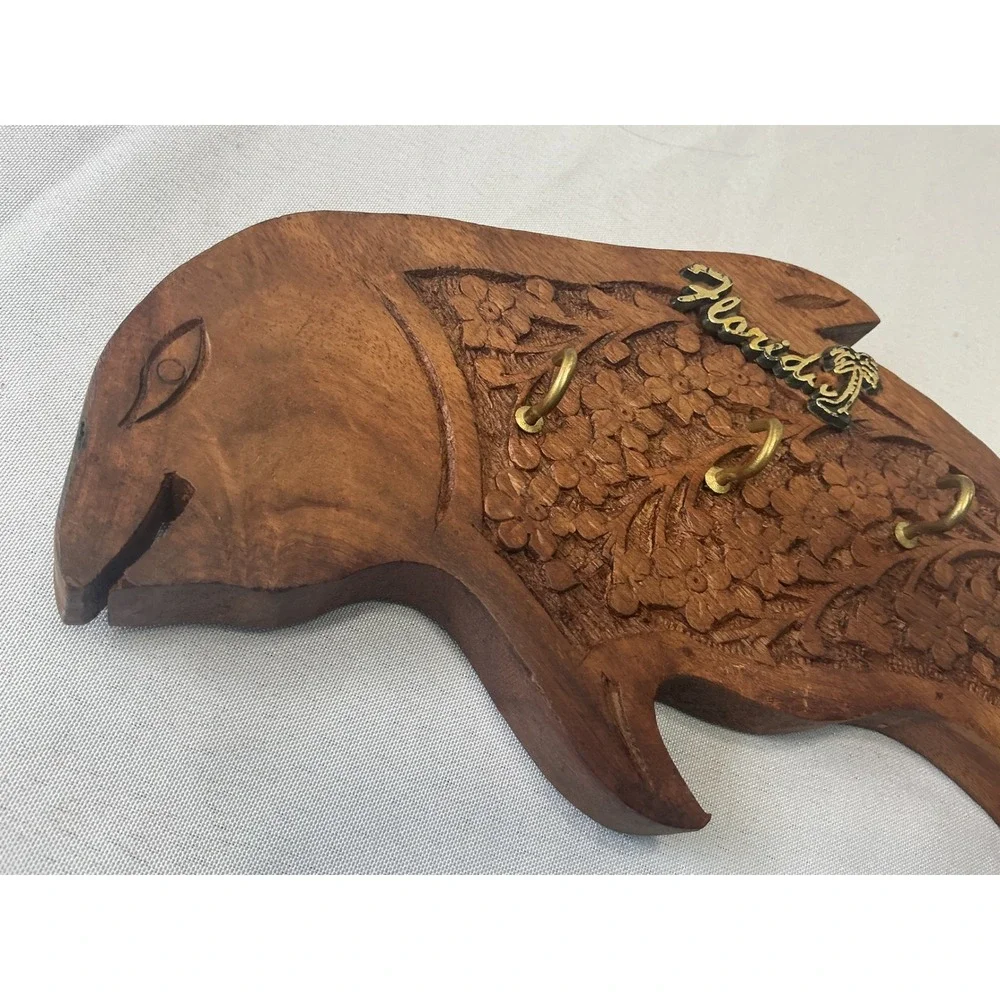 Vintage Florida Souvenir Hand Carved Wood Dolphin Key Rack Wall Mount 4 Hooks